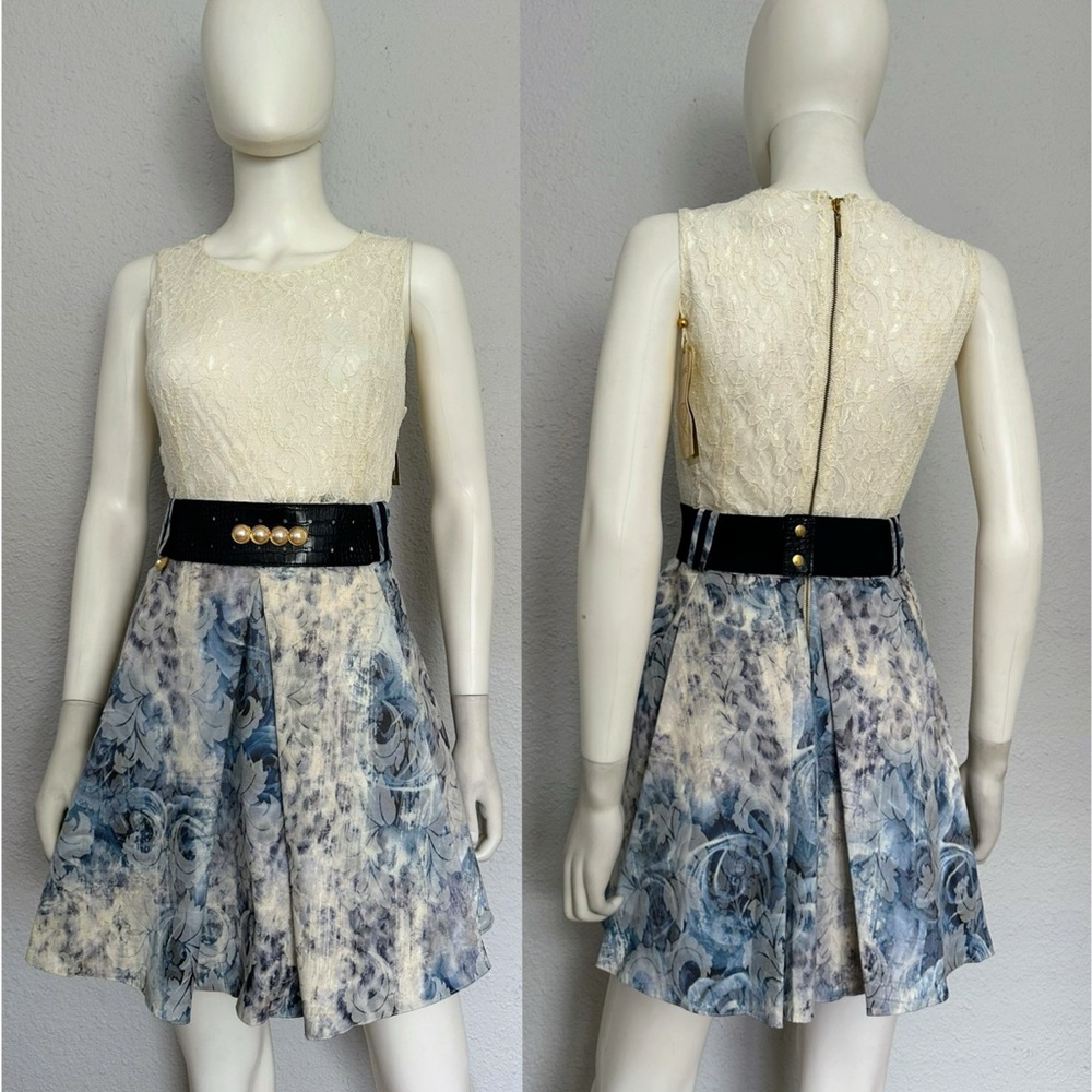 NWT SLEEVELESS FIT & FLARE DRESS‎ BELTED LACE BODICE AND FLORAL PRINT SKIRT GOWN
